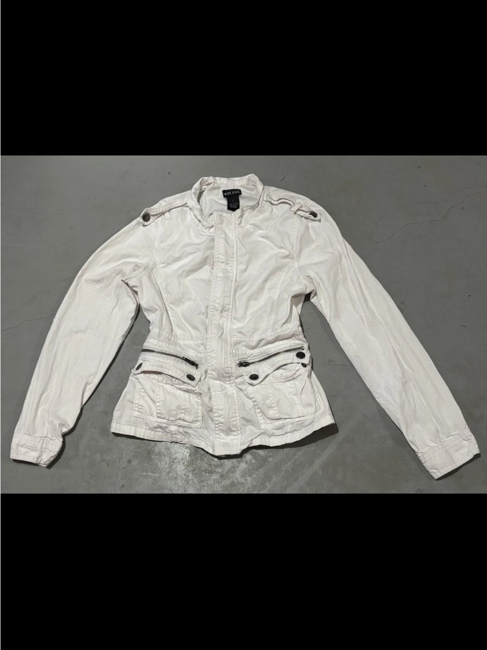 Y2K White Utility Cargo Jacket Zip/ Button Front Multi Pocket SZ.L wet seal